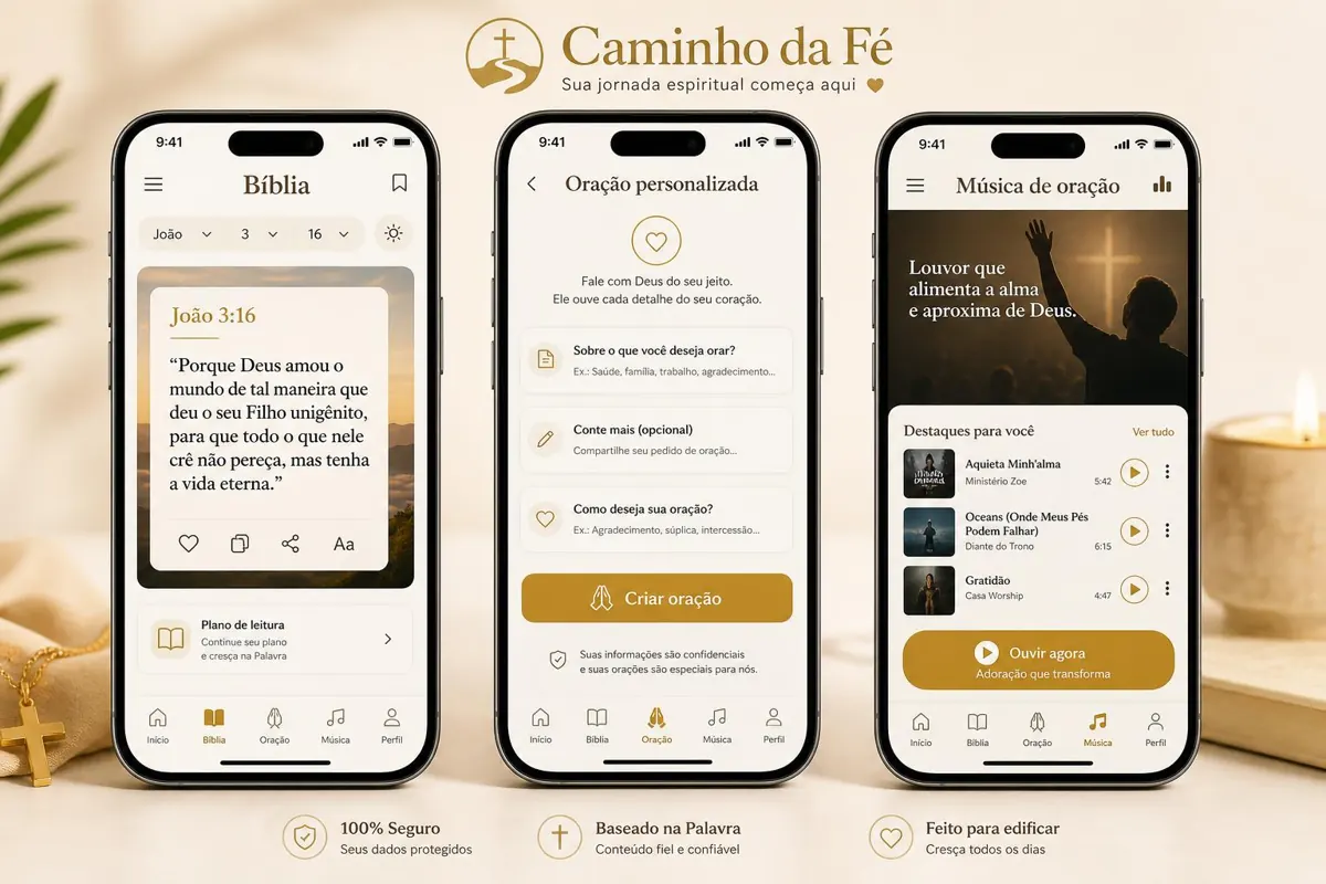 Telas do Caminho da Fé: leitura da Bíblia, criação de oração e música de oração